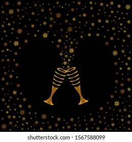 Two glasses with sparkling wine, champagne toast and stars fly out of them like liquid. Celebratory drink in the frame of sparks for the New Year, Christmas card, wedding invitation. Gold on black - Powered by Shutterstock