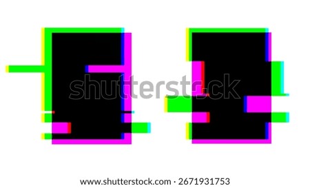 Two glitch neon rectangle frames in green, pink, black. Retro 80s, Y2K aesthetic, digital distortion. Posters, flyers, digital art, modern 90s, 2000s, Y2K creative banner, social media graphic