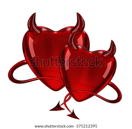 Two Glossy 3D devil red hearts with horns and tails