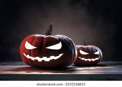 Two glowing Jack-o'-lanterns with menacing expressions on a wooden surface, dark background, concept of Halloween, spooky atmosphere. 3D Rendering. - Powered by Shutterstock