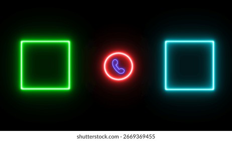 Two glowing neon rectangles, one green and one blue, flank a central neon red circle with a blue phone icon, set against a dark background.