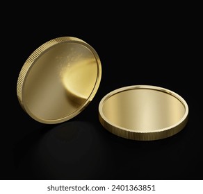 Two Gold Coins, Mockup Template, Banking Concept, Cryptocurrency, 3d Rendered isolated on Black background.