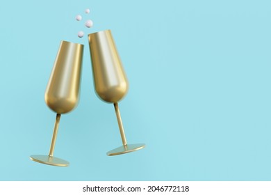 Two gold glasses of champagne. Merry Christmas and Happy New Year concept, 3d render Illustration