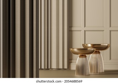 Two Gold Side Table On Beige Classic Interior Mockup Scene, Abstract Background For Product Or Presentation. 3d Rendering