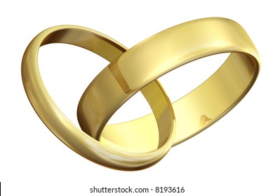 Two Golden Wedding Rings Linked Together Isolated On White Background