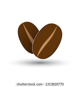 Two grains of coffee with shadow on white background for cafe design