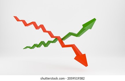 Two graphs with arrows crossing each other. One arrow up and one arrow down. Symbol for positive and negative trend. There is place to add text. 3D illustration.