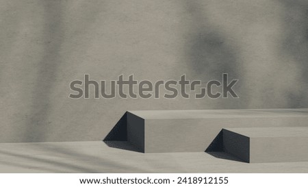 two gray cement rectangular podium displays, minimalistic showcase, bright sunlight and shadows, 3d render