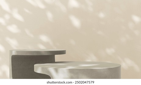 Two gray geometric round shape concrete cement table in dappled sunlight on cream white beige wall for beauty, cosmetic, skincare product podium background 3D