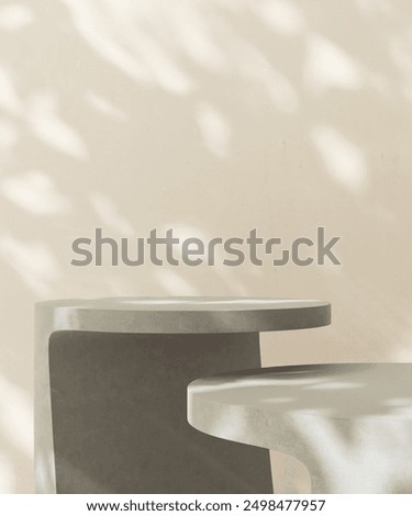 Two gray geometric round shape concrete cement table in dappled sunlight on cream white beige wall for beauty, cosmetic, skincare product podium background 3D