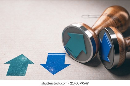 Two green and blue arrows showing up and down directions printed on kraft paper with rubber stamp. 3D illustration.
