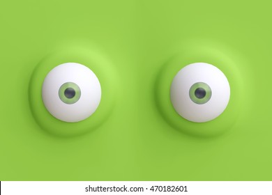 Two Green Funny Cartoon Eyes. Element Of Emotion Characters Face. 3d Render.