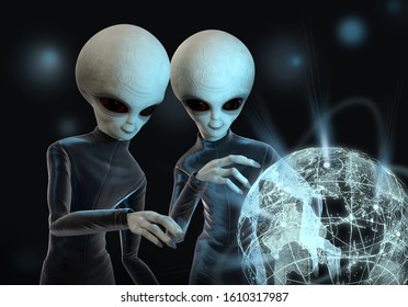 Two Grey Aliens Study The Planet Earth On A Light Map. 3 D Illustration.