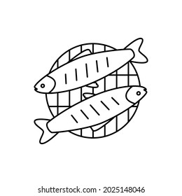 Two Grilled Fish Logo. Simple Linear Style For Decorating The Menu Of A Cafe, Restaurant, Fish Department In A Store. Black Linear Sign On White Background