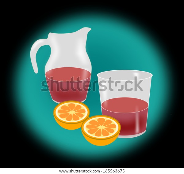 Two\
half oranges, a jug and a glass of wine or juice.\
