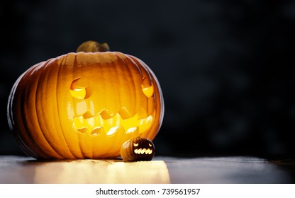 Two Halloween jack-o-lanter pumpkins looking with emotion at the empty space. Halloween background image for posters or advertisement. 3D illustration with empty space for text.  - Powered by Shutterstock