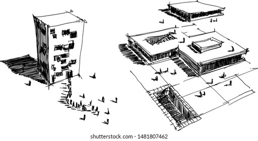 Two Hand Drawn Architectectural Sketches Of A Modern Abstract Architecture With People Around