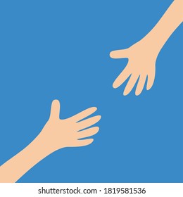 Two Hands Arms Reaching To Each Other. Helping Hand. Mother And Baby. Close Up Body Part. Happy Valentines Day. Flat Design. Blue Background. Isolated. 