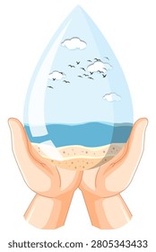 Two Hands Cupping Water Drop with Ocean and Flying Birds
An environmental vector illustration of a pair of human hands holding a crystal-clear water drop. The drop encapsulates a pristine marine landscape featuring deep blue ocean layers, sandy shores, and a flock of birds flying across the sky.
