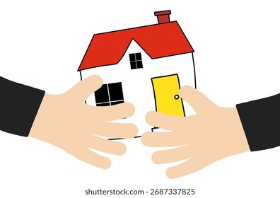 Two hands exchanging or protecting a small house with a red roof and yellow door. Real estate transactions, home insurance, property protection, house sale, or housing support cartoonstyle