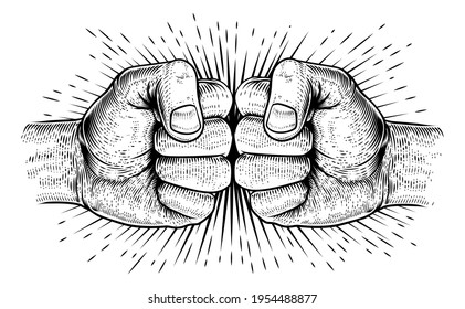 Two hands fist bump punch fists in a vintage woodcut style