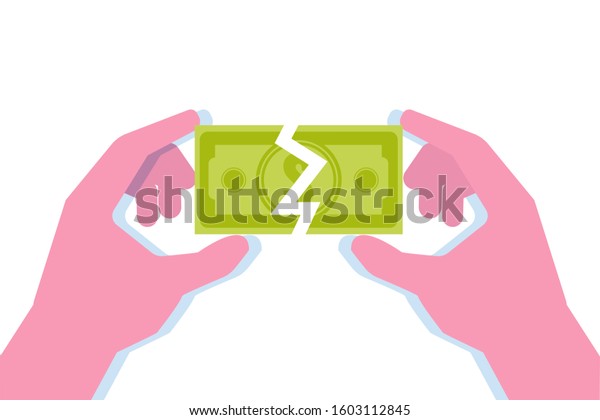 Two hands hold half of paper\
money bill. Divide money concept, share profits. \
illustration.