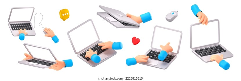 Two hands hold laptop, typing on keyboard, use mouse, show blank screen. Man uses notebook computer, points on empty white screen, 3d render illustration isolated on white background. 3D Illustration