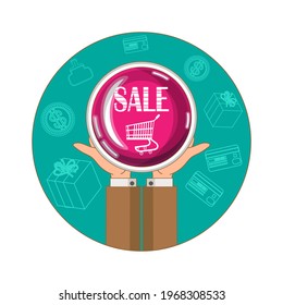 Two hands are holding a big button with the inscription - sale. Around - coins, wallets, bank cards, purchases. Round icon, sign, symbol, emblem