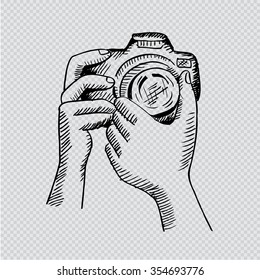 Two Hands Holding A Camera. Hand Drawing Illustration. Transparent Background.