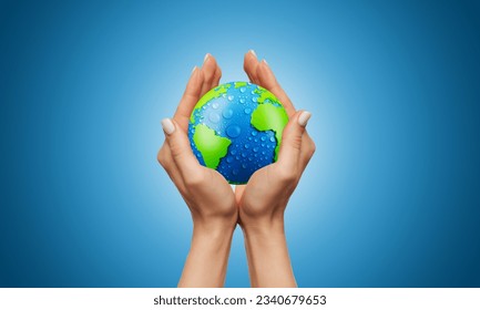 Two hands holding the earth on blue color gradient background. hand holding world map. - Powered by Shutterstock