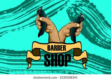 Two hands holding electric hair clippers above a yellow ribbon with the words barber shop - Powered by Shutterstock