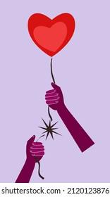 Two Hands Holding Heart Balloon String.