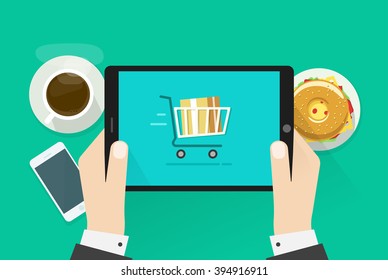 Two hands holding tablet computer device illustration, breakfast top view concept, abstract table with fast food, coffee cup, mobile phone, burger, flat cartoon design isolated on green image - Powered by Shutterstock