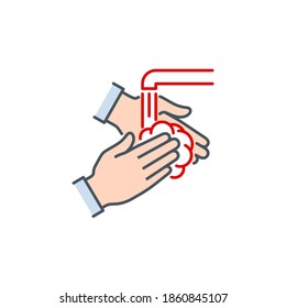 Two Hands Of A Person Are Washed With Soap Under Running Water Single Line Icon Isolated On White. Perfect Outline Symbol Clean Palm Coronavirus Covid 19 Banner Wash Hands With Editable Stroke Line