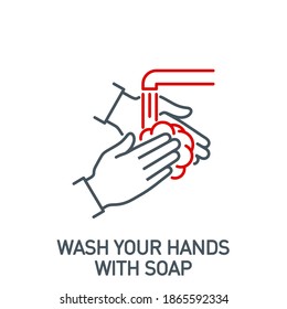 Two Hands Of A Person Are Washed With Soap Under Running Water Single Line Icon Isolated On White. Perfect Outline Symbol Clean Palm Coronavirus Covid 19 Banner Wash Hands With Editable Stroke Line