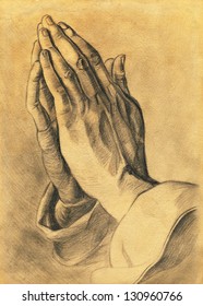 Two Hands In Prayer Pose. Pencil Drawing.