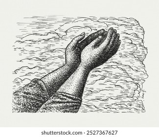 Two hands raised in front of clouds drawing by Leo Gestel. Vintage hands in clouds illustration, black and white hands praying painting art print. Bird vintage drawing illustration