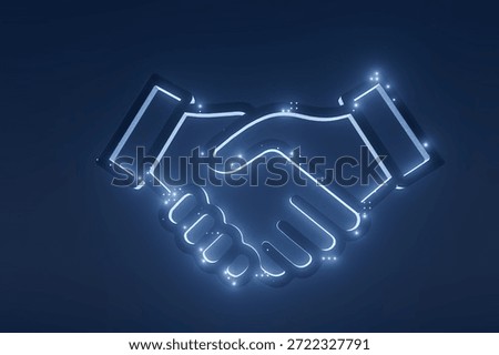 Two hands are shown shaking in a simple design with blue light. This symbolizes collaboration and agreement in various types of relationships or deals.