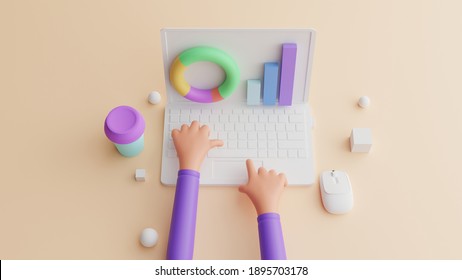 Two Hands Typing On A Laptop, Work From Home, Data Charts, 3d Illustration