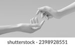Two hands white sculpture. Mannequin hands reaching each other with fingers isolated on white background. Touching, creation gesture art creative concept.