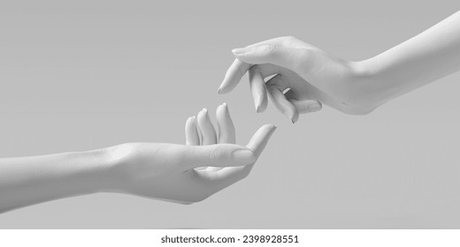 Escultura blanca de dos manos. Manecillas maniquíes que se alcanzan unas a otras con los dedos aislados en el fondo blanco. Conmovedor, gesto de creación, concepto creativo de arte.
