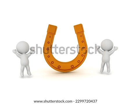 Two happy 3D guys with a large horseshoe. Image isolated on white background.