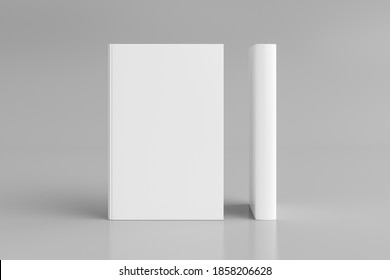 Two Hardcover Vertical White Mockup Books Standing On The White Background. Blank Front Cover And Spine Of Book. 3d Illustration