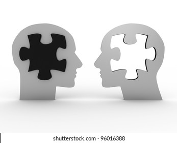 Two Heads With A Puzzle. 3D Image