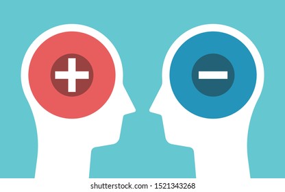 Two Heads Silhouettes With Plus And Minus Signs. Positive And Negative Thinking, Contrasts, Polarity And Opposition Concept. Flat Design. Raster Copy