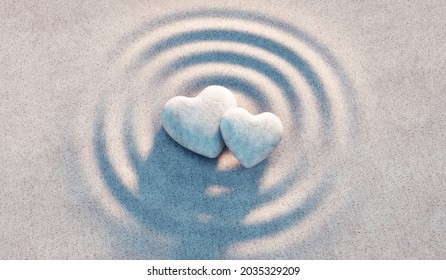 Two heart of stones in sand circles at evening sun - 3d illustration