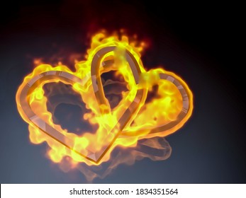 Two hearts in fire and flame. Concepts of family conflict and divorce. 3D rendering.
