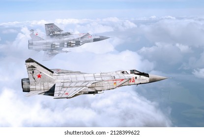 Two heavy interceptor fighters flying above clouds. 3D Render.