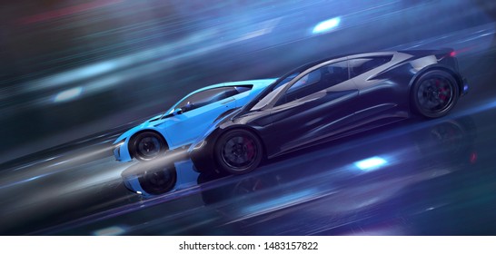 Two High Speed Sports Cars In Motion, Racing (3D Illustration)