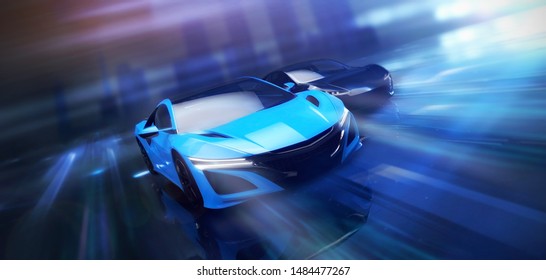 Two high speed sports cars in motion, racing (3D Illustration)